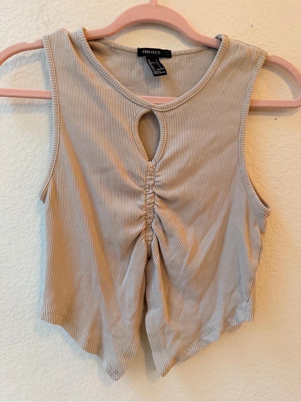Forever 21 Beige Ruched Keyhole Ribbed Tank Y2K Festival Neutral Summer Crop L